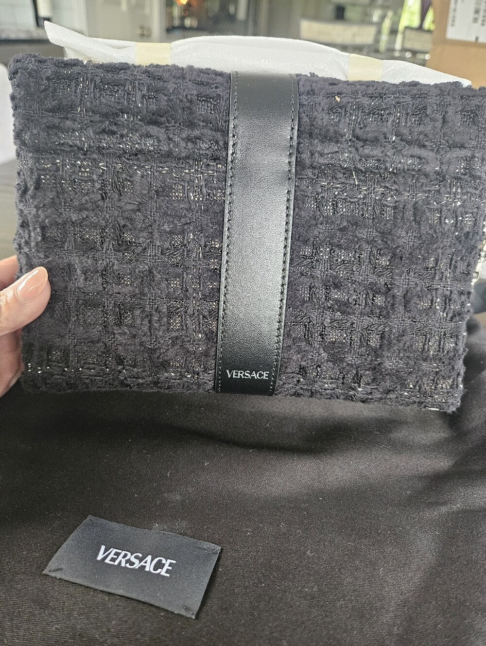 NWT💎💎Versace Black Tweed And Leather Shoulder Bag - Picture 5 of 11